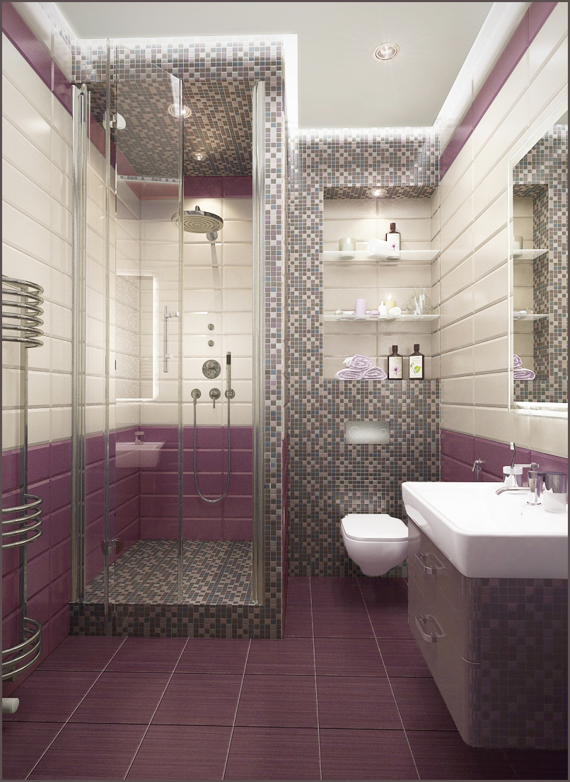 Ou faites une disposition de carreaux dans la salle de bain d'une seule couleur, mais créez   accent lumineux   sur l'un des murs (sous forme d'une bande de couleur contrastante ou d'un panneau lumineux)